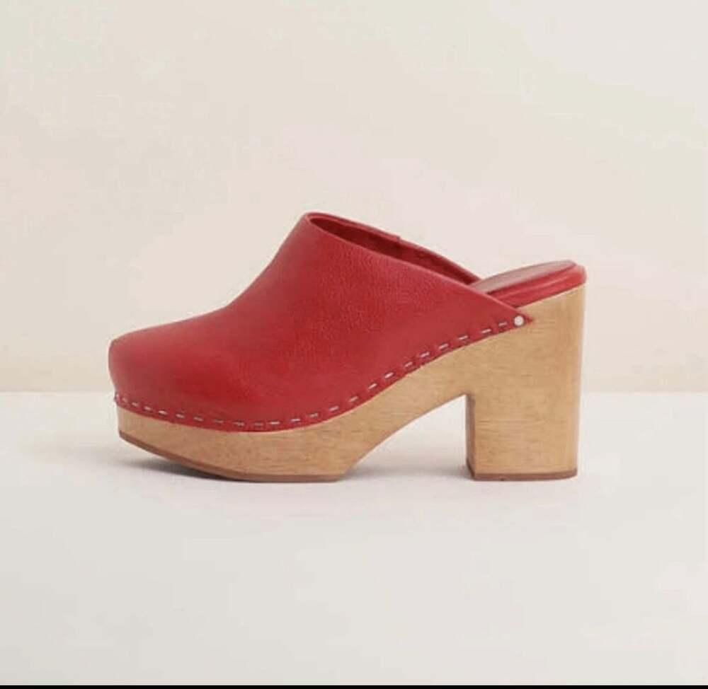 Charlotte Stone Marlo Red Leather Clogs Wood Heel Mules 7